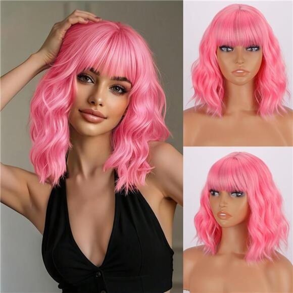 Pink Wavy Wig with Bangs Short Curly Wig Heat-resistant Synthetic Wig